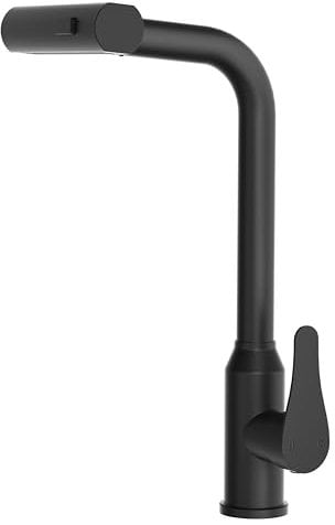 WLTEDRGO Waterfall Matte Black Kitchen Tap, 360° Swivel Kitchen Sink Taps with Pull Out Spray, Stainless Steel Mixer Tap with 3 Functions, 1 Hole Single Lever Sink Taps, High Pressure Faucet