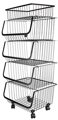 Warmiehomy 5 Tier Vegetable and Fruit Storage Basket Rack, Stackable Metal Vegetable Storage Baskets on Wheel for Kitchen, Veg Rack, Black, 41.5×33×91cm
