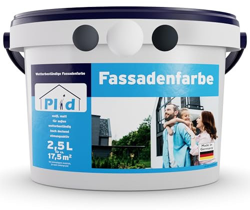 Plid® - Fassadenfarbe Außen Weiß - 2,5l [WETTER & UV-BESTÄNDIG]- Hochwertige Farbe für Mauerwerk, Hauswand, Beton & Kellerwand - Sockelfarbe - Mauerfarbe - Wandfarbe - Made in Germany