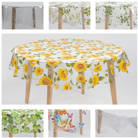 laro Ø 140 cm Premium Line Transparente Tischdecke rund - Wasserdicht & abwischbar - Tischschutz, Muster:Sommerblume Gelb Transparent, Größe: Rund 140cm