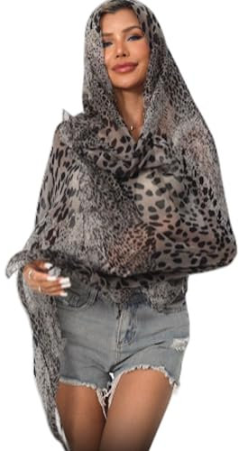 Schal und Wraps mit Leopardenmuster für Damen, Geparden-Hijab-Schal, Voile, durchsichtig, Strandschal, Sonnenschutz, Kopftuch, Grau 1, 180cm*85cm