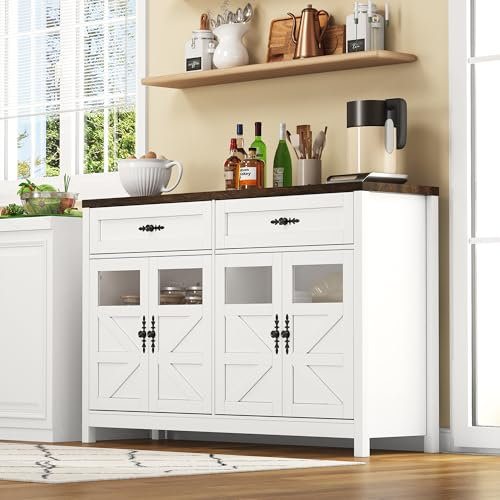 Merax Küchenschrank Buffetschrank, Esszimmer Sideboard mit Stauraum, 140 cm langes Buffet mit 4 Türen und 2 großen Schubladen, Esszimmer-Sideboard-Kaffeebar, weiß, 140x39x90cm