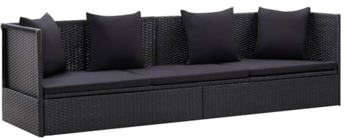 QUAHEAS Garten-Sofabett mit Kissen, Poly Rattan Schwarz, 200x60x58 cm, verstellbar, witterungsbeständig, für Innen- und Außenbereich, Lounge Chair Outdoor