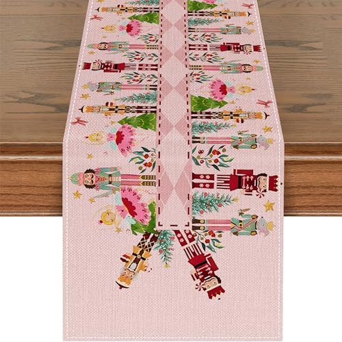 Frienda Pink Nutcracker Christmas Table Runner Pastel Nutcracker Table Cover for Christmas Winter Home Party Banquet Decorations, 72 x 13 Inch