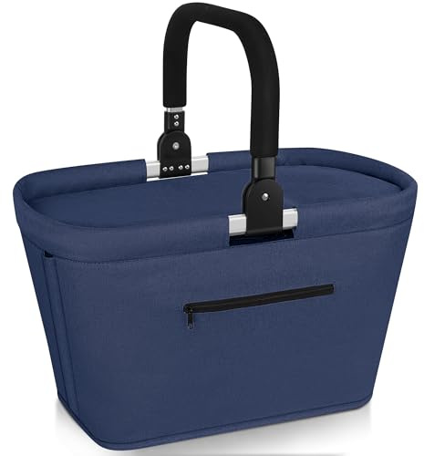 Anhow 35L Kühltasche Einkaufskorb Faltbar mit 2 Stützstangen, Große Isolierte Kühlkorb mit Aluminium Griff Wasserabweisendes Praktischer Tragekorb für Reisen Picknick Einkaufen Geschenk - Blau