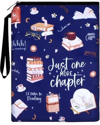 Just One More Chapter Book Sleeve – 11 x 8.5 Inch Zipper Book Cover with Front Pocket – Protective Pouch for Paperbacks – Travel Storage Case for Readers Students and Literature Lovers