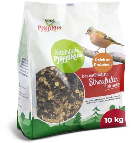 Natürlich Pfiffikus Streufutter mit Insekten, 10 KG – Wildvogelfutter mit Mehlwürmern – Ganzjahresfutter für Boden- & Körnerfresser – proteinreiches Vogelfutter mit Mehlwurm-Öl