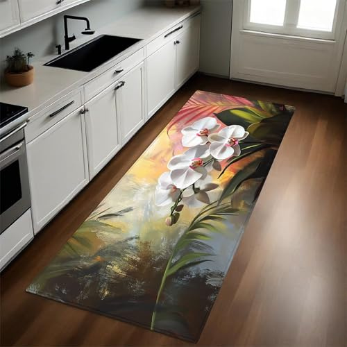 Aquarellmalerei Küchenmatte 50 x 80 cm Tropische Orchideen Design rutschfest und Waschbar Küchenteppich Badvorleger Geeignet für Flur Küche Badezimmer