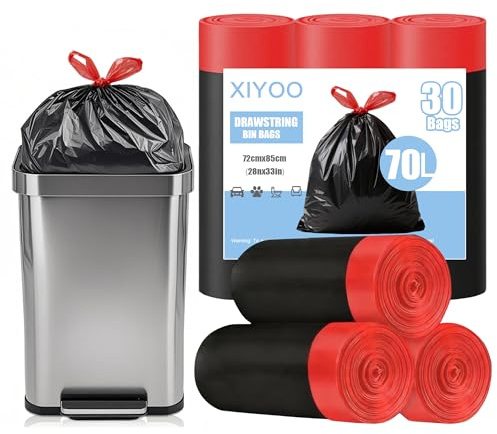 XIYOO Black Strong Bin Bags 70L Bin Liners with Tie Tap 30 Counts Refuse Sacks Drawstring Tall Kitchen Trash Bag fit 60-70L Rubbish Can