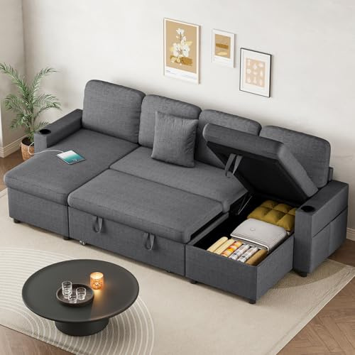Hadibio Corner Sofa Bed, Convertible U-Shaped Sofa with Storage, USB & Type-C Ports, 2 Cup Holders and 2 Cushions, 4 Seater Linen Pull Out Sofa Couch Bed for Living Room, Bedroom, Grey