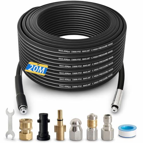 20M Rohrreinigungsschlauch für Hochdruckreiniger, Rohrreiniger Set Kanalratte mit Rotationsdüse & Knopfdüse, Abflussreiniger Rohrfrei Kompatibel mit Kärcher K-Serie, Lavor & 1/4, Bosch AQT, 400Bar