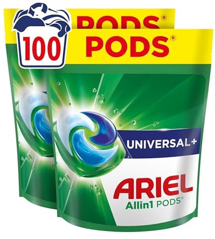 Ariel Pods Universal+ Waschmittel, 100 Wäschen | Mit Fleck-Weg-Power ab der 1. Wäsche und starker Reinigung auch in kaltem Wasser.
