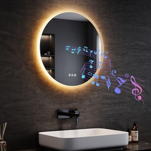 SONNI LED Badspiegel Rund 60 cm mit Bluetooth, 3 Lichtfarben, Anti-Beschlag | Integrierter Bluetooth-Lautsprecher für Musikgenuss, IP44. Ideal für Komplettrenovierung & Altbaumodernisierung