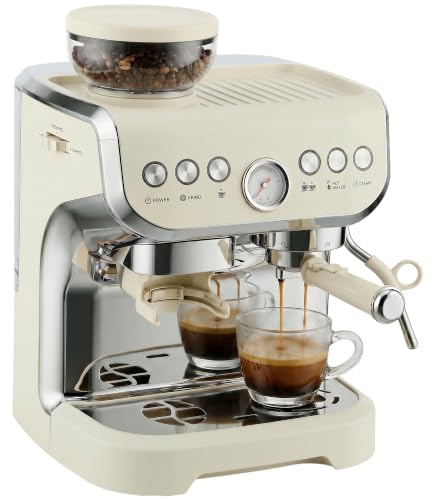 HOMCOM Bean to Cup Coffee Machine, Steam Wand, Cream White | Integrated Bean Grinder, 15 Bar Italian Pump, 2L Water Tank, Cappuccino Maker, Stainless Steel
