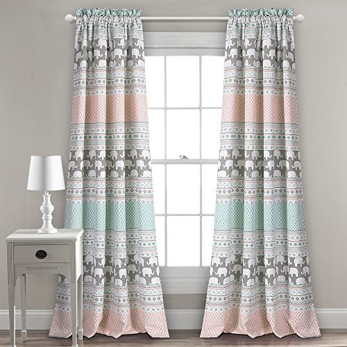 Lush Decor Elefant-Streifen-Vorhänge, Muster, Lichtfilterung, Fensterpaneel-Set für Wohnzimmer, Esszimmer, Schlafzimmer, 132 cm B x 213,4 cm L, Türkis und Rosa