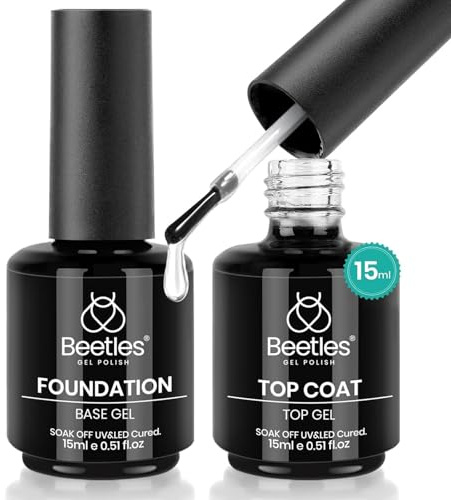 Beetles 2 Pcs 15ml No Wipe Gel Top Coat and Base Coat Set - Shine Finish and Long Lasting Soak Off LED Nail Lamp Gel Base Top Coat Stay Lock Shine Duo Finish Nail Art Design Manicure Gifts for Women