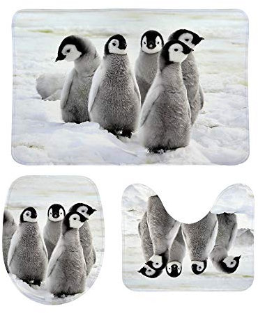 MyDaily 3-teiliges Badezimmerteppich-Set, Pinguine, rutschfest, WC-Deckelbezug + Badematte, Schwamm, Multi02, Einheitsgröße