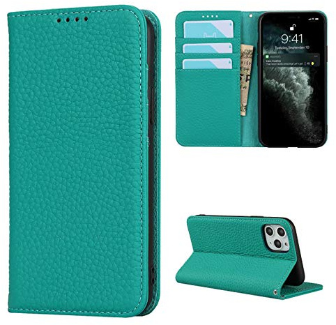 Copmob Phone Case Compatible with iPhone 11 Pro,Flip Genuine Leather Wallet Case,[4 Card Holders][Magnetic][With Lanyard],Protective Cover Case - Sky Blue