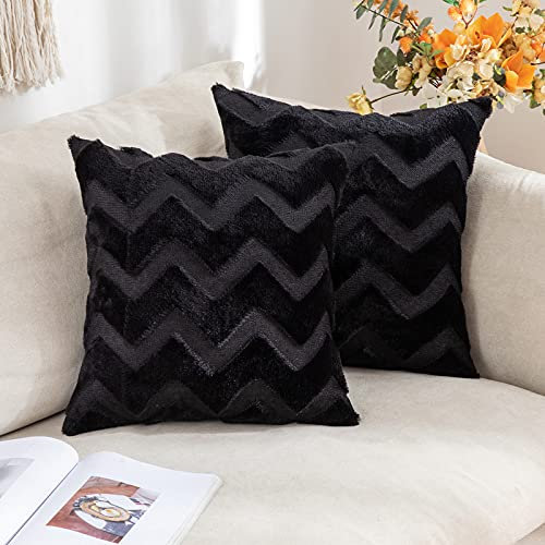 MIULEE 2er Set Wolle Kissenbezüge Sofakissen Dekokissen Welle Polyster Kissenbezüge Couchkissen Weich Kissenbezug Zierkissenbezug Versteckter Reißverschluss Wohnzimmer Schlafzimmer 45x45cm Schwarz
