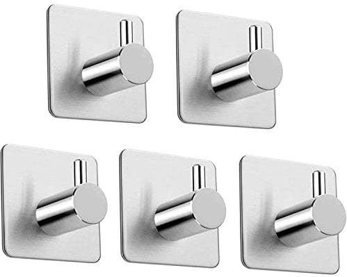 Ahyanz 5 Pcs 3M Self Adhesive Hooks Heavy Duty 304 Stainless Steel Silver Waterproof Extra Strong Sticky Hooks for Hanging Coat Clothes Towel Key Stick on Wall Door Kitchen Bathroom Closet