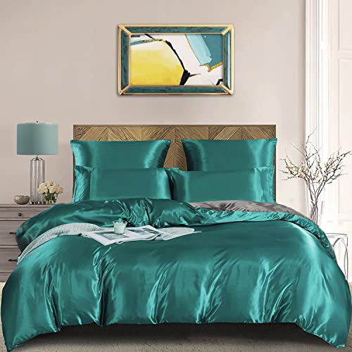 Damier Satin Bettwäsche 200x220cm Türkis Grau Glanzsatin Wendebettwäsche Set Seidig Glänzend Luxus Bettbezug mit Reißverschluss und 2 Kissenbezüge 80 × 80 cm