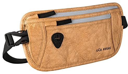 SAO ROQUE ® Stylische Unisex Bauchtasche (S), Hüfttasche, Gürteltasche, Money Belt. Flach. Vegan. Wasserfest. RFID-Blocker. Edle Leder-Optik (Beige-Braun)