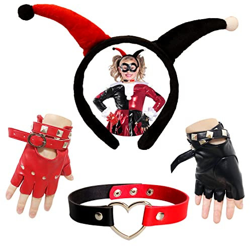 Tuoyi The Joker Halloween-Kostüm, Stirnband, schwarze Augenmaske, Herz-Halsband, Handschuhe für Maskerade-Party (Stirnband+Chocker+Handschuhe)