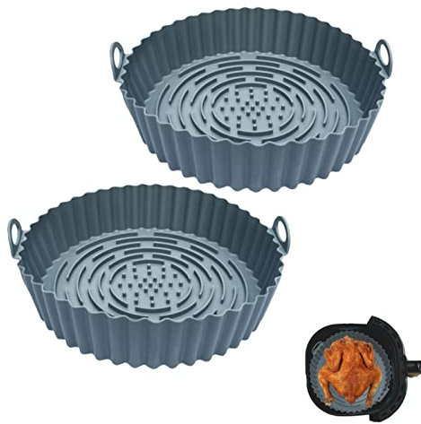 TENQUAN 2 Pcs Silicone Air Fryer Liners 7.9 Air Fryer Accessories Silicone Round Reusable Pot for 4-6.5L Airfryer Liners Replacement Disposable Paper Liner for Rack Roasting Oven Microwave (2 Grey)
