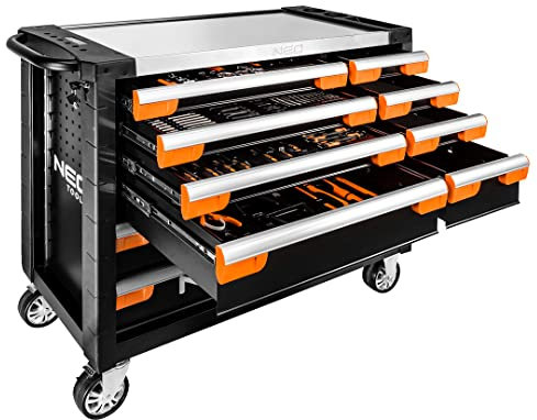 NEO TOOLS Werkzeugschrank 12 Schubladen 1105x465x825mm (mit Rädern), Korpus aus Stahl, Tragfähigkeit 600 kg, Aluminiumplatte mit Fächern, Eckanschläge, seitlicher Griff, Schubladenschloss