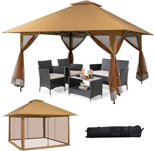 RELAX4LIFE Pavillon 4 x 4m, Wasserdichter & Sonnengeschützter Gartenpavillon, Höhenverstellbares Doppeldach-Gartenzelt mit Abnehmbarem Netzbezug, für Grillfeste, Hochzeiten, Camping(Khaki)