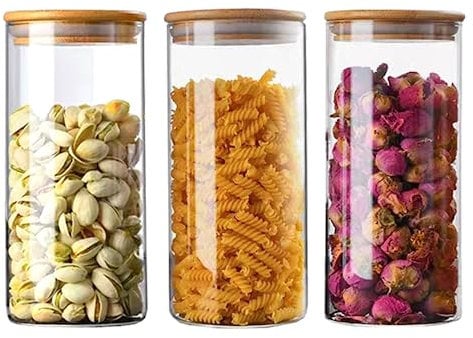NAVACALA Round Glass Storage Jars with Lids 900ML Set of 3 - High Borosilicate Glass Airtight Kitchen Food Canisters Cylinder Clear Preserving Seal Containers with Lid 900ml