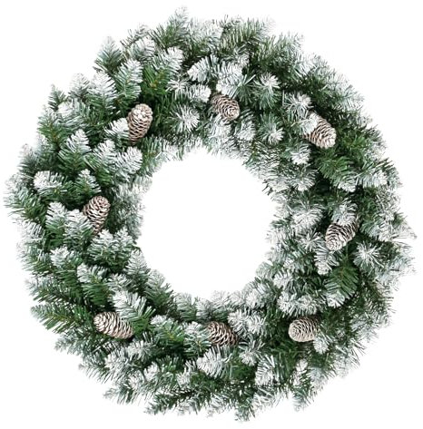 himaly 60 cm/2 ft Runden Weihnachten Kränze Grün Künstlicher Girlanden Mit Schneeflocken Dekoration, 120 Spitzen aus Kiefernblättern, 8 Lang Tannenzapfen, Weihnachtsdekoration zum Aufhängen