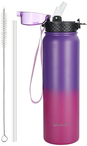 OLDLEY Stainless Steel Water Bottle with Straw 1L Vaccum Insulated Large Drink Flask Metal Water Bottles 1 Litre Leakproof Keeps Hot Cold for Sports Gym Camping Adult Women Men(Purple Rose, 1 Lid)