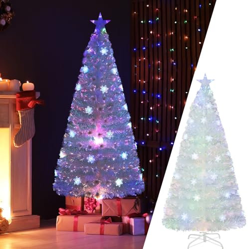 COSTWAY Weihnachtsbaum Künstlich mit Beleuchtung, Tannenbaum mit bunten LED-Lichtern & Glasfaser & Sternspitze, Christbaum für Zuhause Büro Geschäfte Hotels, Weiß (180 cm)