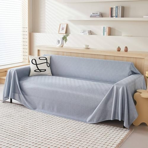 Mesnt Sofahusse 3 Sitzer, Blau-grau Waschbar Sofa Protection Cover Schonbezug Couch Einfarbiges, gittergewebtes, strukturiertes Muster aus Polyester, 200x230cm