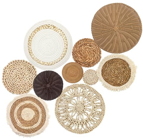 10 Stück Boho Wandkorb Wandbehang Rattan Dekor Flach Rund Gewebt Wasserhyazinthe Maisschale Bauernhaus Handgemachte Makramee Hängende gewebte Körbe für Wohnzimmer Schlafzimmer Esszimmer Büro (Dark)