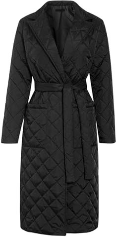 Vasreyy Damen Trenchcoat Jacke Herbst Lange Strickjacke Frauen Einfarbig Warm Dick Revers Padded Mit GüRtel Winter Oversize Winddicht Steppmantel Tasche Schwarzer Mantel Elegant(Schwarz, S)