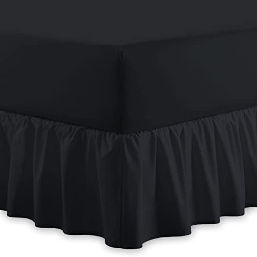 Spannbetttuch mit Volant, Polycotton, pflegeleicht, 40 cm, extra tief, mit Rüschen, maschinenwaschbar, Spannbettlaken, Spannbetttücher, für Einzel-, Doppel-, Kingsize-Größe (Schwarz, Super-King-Size)