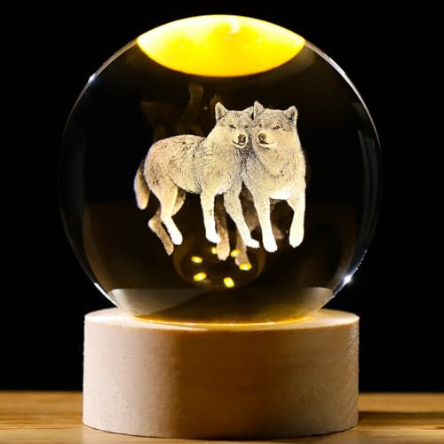 Arikyrist 3D Kristall Wolf Figur - Geschenk für Liebhaber Mit Nachtlicht und Holzsockel - Laser Gravur Glaskugel Briefbeschwerer für Home Office Dekor