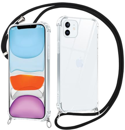 Xylota Coque Cordon Pour iPhone 12/iPhone 12 Pro 6,1, Etui Avec Collier Réglable Tour de Cou Lanière Corde Lanyard, Transparente Silicone Souple TPU + PC Case Antichoc Protection Housse Cover, Noir