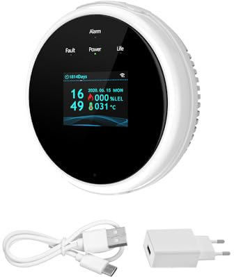 HUIOP Detector de fugas de gas WiFi Alarma de gas para el hogar APP Monitor Temperatura Reloj despertador Pantalla para el hogar Cocina Camper Remolque RV Aviso de voz Pantalla LCD a color Cocina,comb