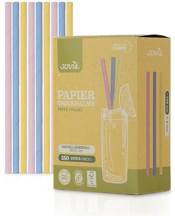 Mank Trinkhalme aus Papier, Papiertrinkhalme, Papphalme, Papierhalme, Umweltfreundlich, Robust & Vielseitig einsetzbar, Strohhalme (150, Pastell Gelb, Rosa, Blau sortiert, Ø 8 mm / 20 cm)