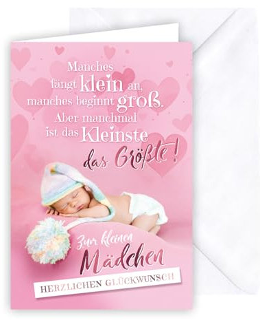 KE - Zauberhafte Glückwunschkarte zur Geburt für Mädchen, inkl. Umschlag, DIN B6 Format, Niedliche Karte zum Baby, weiß, Motiv: Kleines liegendes Baby/pink