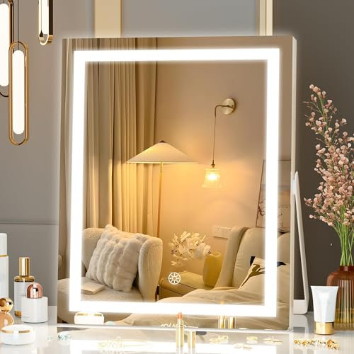 Hasipu Kosmetikspiegel mit Beleuchtung, 25 x 30cm LED Schminkspiegel mit Smart Touch 3 Farben dimmbar, 360ー drehbar, Weiß