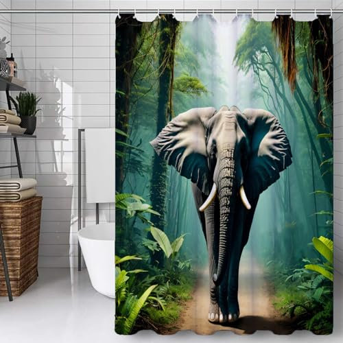 3D Elefant Duschvorhang 120 x 200, Wasserdicht Waschbar Anti-Schimmel Polyester Duschvorhänge Wilde Tiere Shower Curtain Badvorhänge mit Ringe für Badezimmer