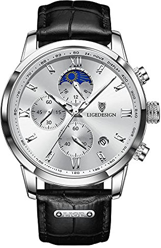 LIGE Herren-Armbanduhr, analog, Quarz, Leder, wasserdicht, Edelstahl, Business, Freizeit, Datum, Chronograph, Armbanduhr für Herren, silberfarben / weiß, Klassisch