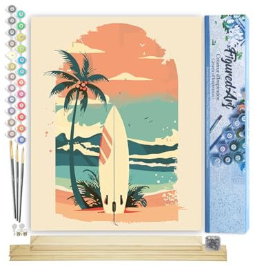 Figured'Art Peinture par Numéro Adulte avec Cadre Planche de surf sur la plage - Activité Manuelle Kit de Loisir Créatif DIY Numéro d'Art Complet - 40x50cm avec châssis en bois à monter