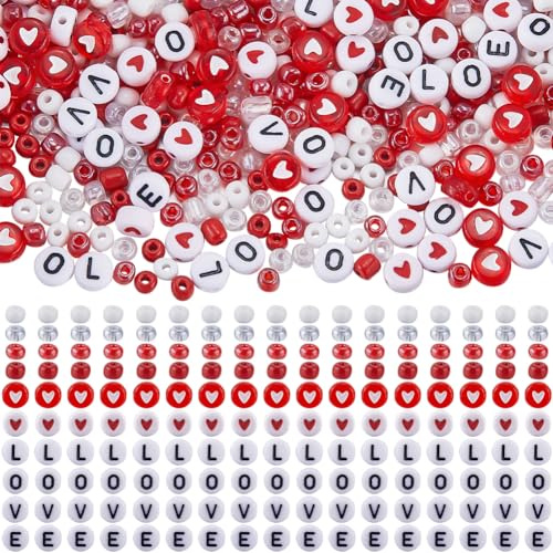 SOFPLATE 1600 Teiliges Perlenset Zum Valentinstag 4mm Glasperlen Armbandset Rote Und Weiße Acrylperlen Mit Liebesbriefen Zur Schmuckherstellung Kits Zubehör DIY Armbandbasteln Vatertagsgeschenk