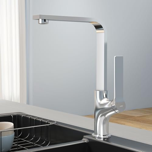 EMKE Küchenarmatur Chrom im Ultradünnen Design, 30x22x10 cm Küchenarmatur, 360° Drehbar Wasserhahn Küche, Einhebelmischer Edelstahl für Moderne Küchen