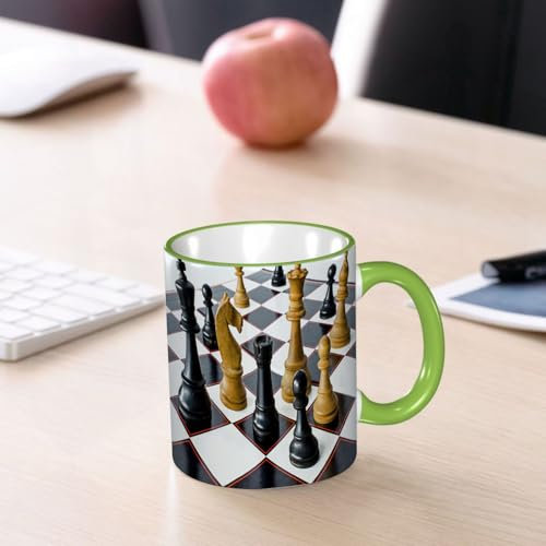 YOIUE Tasse aus Keramik - Große 11oz Tassen 330ml Kaffeetassen mit Henkel, 100% Handbemalt - Trinkgläser mit Griff - Weiß,Konfrontation - weiße und schwarze Schachspringer stehen nebeneinander auf ei